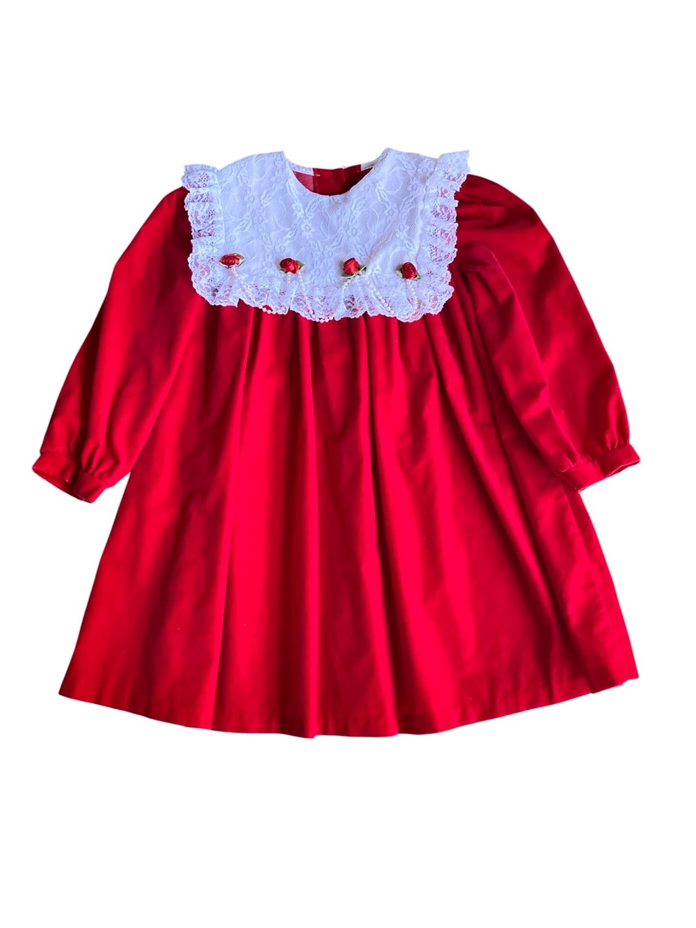 Vintage Rose Cottage Red Long Sleeve Dress White Lace Bib Roses